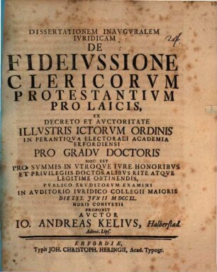 Dissertationem inauguralem iuridicam de fideiussione clericorum protestantium pro laicis