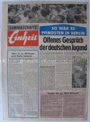 Propagandazeitung des FDGB der DDR zur Verbreitung in der Bundesrepublik u.a. zum Deutschlandtreffen der Jugend in Berlin (DDR)