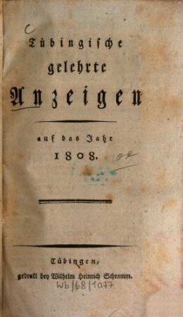 Tübingische gelehrte Anzeigen : auf das Jahr .... 1808