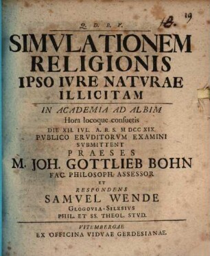 Simvlationem Religionis Ipso Ivre Natvrae Illicitam