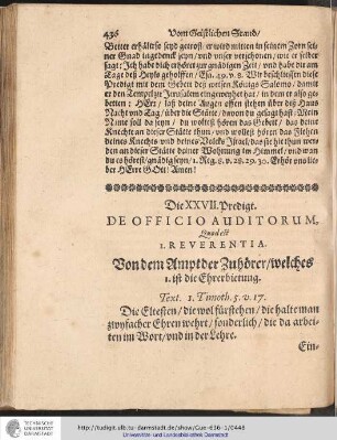 Die XXVII. Predigt. DE OFFICIO AUDITORUM, Quodest I. REVERENTIA.