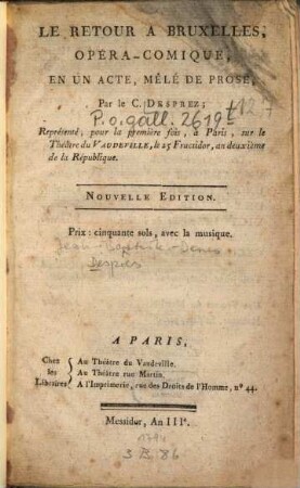 Le retour à Bruxelles : Opéra-comique, en un acte