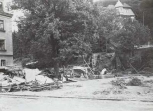 Müglitztal. Glashütte. Zerstörte Kurfürst-Moritz-Brücke vom linken Ufer gesehen nach der Unwetterkatastrophe 8./9. Juli 1927