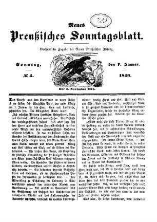Neues Preußisches Sonntagsblatt. N[umer]o 4. Wöchentliche Zugabe der Neuen Preußischen Zeitung.