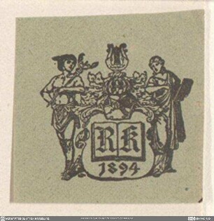 [2 antike Figuren neben Wappenschild mit Monogramm]