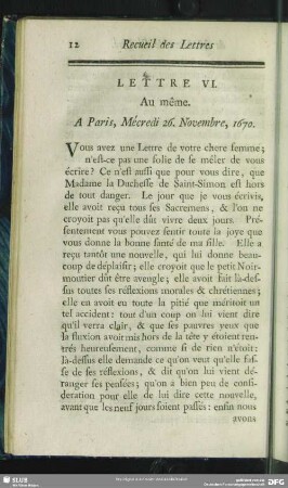 Lettre VI. Au même. A Paris, Mécredi 26. Novembre, 1670