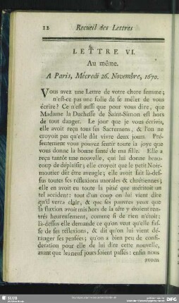 Lettre VI. Au même. A Paris, Mécredi 26. Novembre, 1670