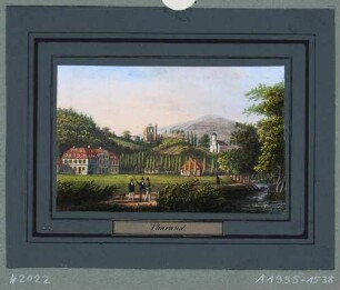 Tharandt, Blick aus dem Tal der Wilden Weißeritz auf Kurbad (Kaltwasser-Heilanstalt), Burgruine und Stadt- und Bergkirche