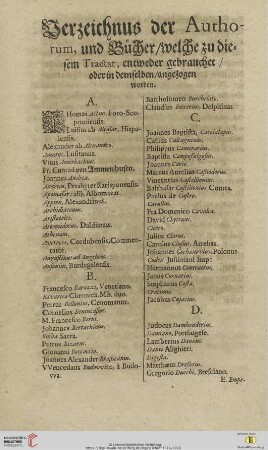 Verzeichnus der Authorum, und Bücher welche zu diesem Tractat, entweder gebrauchet oder in demselben angezogen worden