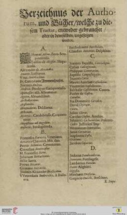 Verzeichnus der Authorum, und Bücher welche zu diesem Tractat, entweder gebrauchet oder in demselben angezogen worden