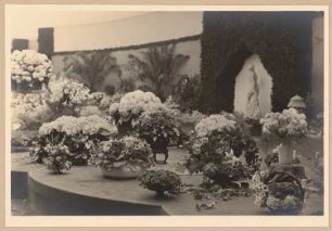 Fotoalbum: Ausstellungsgarten Jubiläums-Gartenbau-Ausstellung 1926, Dresden: Blumenarrangement und weibliche Skulptur in einer Ausstellungshalle