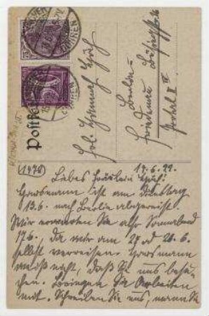 Postkarte von Kurt Schwitters an Hannah Höch mit Abbildung:"Kurt Schwitters, Stilleben mit Abendmahlskelch; 1909." Hannover
