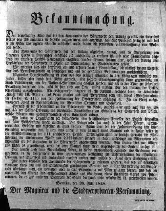 Bekanntmachung. Der demokratische Klub hat bei dem Kommando [...] (Sammlung Friedlaender)
