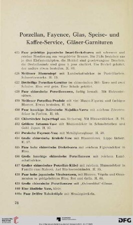 Porzellan, Fayence, Glas, Speise- und Kaffee-Service, Gläser-Garnituren (Nr. 425-537)