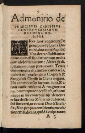 Admonitio de Praecipuis Capitibus Controversiarum De Coena Domini.