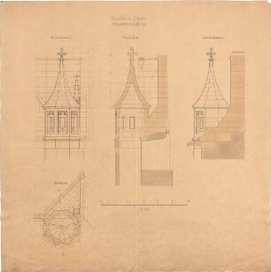 Dolmetsch, Heinrich; Bad Urach; Ev. Stadtkirche, Restaurierung - Treppenturm - Laterne (Grundriss, Ansichten,Schnitt)