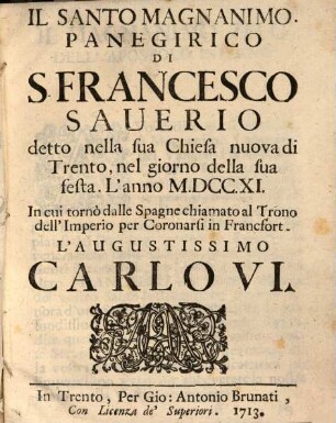Il Santo Magnanimo Panegirico di S. Francesco Saverio
