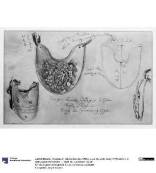 Ringkragen mit Armatur des Offiziers aus der Zeit Friedrich Wilhelms I. in vier Studien mit Notizen und Maßangaben