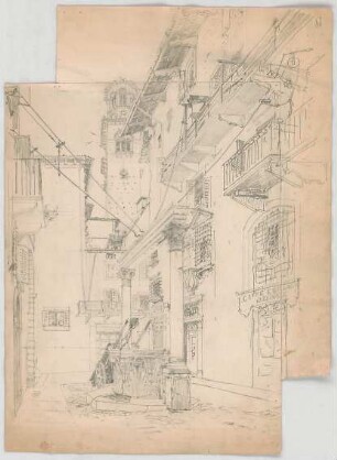 Bauernfeind, Gustav; Italien; Österreich; Schweiz; Studien- und Reiseskizzen - Häuserfassaden mit Brunnen (Perspektive)