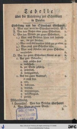 Tabelle über die Anleitung zur Schreibart in Briefen.