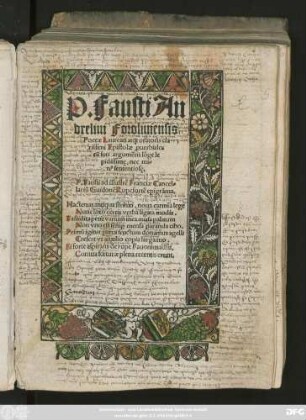 P.Fausti An||drelini Foroliuiensis || Poetae Laureati atq; oratoris cla||rissimi Epistolae #[pro]uerbiales || cũ suis argumẽtis lõge le||pidissimę, nec mi=||n#[us] sententiosę.|| ... ||