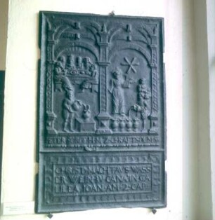 Hirzenhain. Eisen-Kunstguß-Museum. Ofenplatte mit Motiv der Hochzeit zu Kana (16. Jh.)