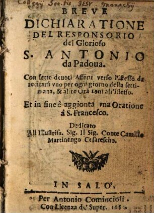 Breve dichiarazione del responsorio del glorioso S. Antonio da Padova