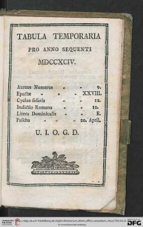Tabula Temporaria pro anno sequenti MDCCXCIV