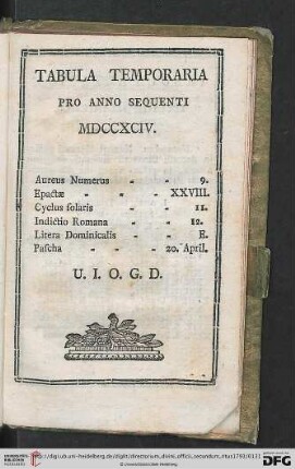 Tabula Temporaria pro anno sequenti MDCCXCIV