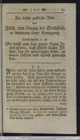 Die sechste geistliche Rede von Jesu, dem Herzog der Seeligkeit, in Ansehung seiner Creuzigung