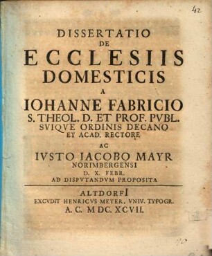Dissertatio De Ecclesiis Domesticis