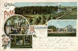 Gruss aus Park Meusdorf: Östliche Parkansicht m. grossen Saal u. Aussichtsthurm, Gartenidyll mit Springbrunnen u. Aussichtsthurm, Gasthof m. Park-Eingang, Fürst Schwarzenberg-Denkmal