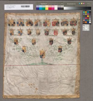 16er-Wappenahnentafel der Franziska Eleonora Clara Gräfin von Manderscheid-Blankenheim. Bestätigt durch Maximilian Heinrich Erzbischof zu Köln, Ernst Landgraf zu Hessen-Hersfeld, Erich Adolf Graf zu Salm-Reifferscheit, Ferdinand Franz Graf zu Wied. Mit den 4 Unterschriften. Kein Siegel (von 4) erhalten.