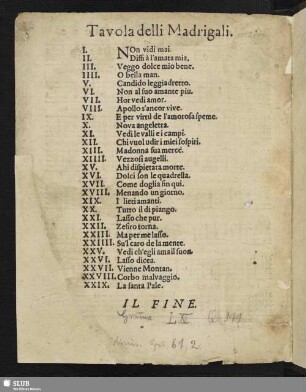 Tavola delli Madrigali.