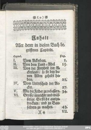 Inhalt Aller derer in diesem Buch begriffenen Capiteln.