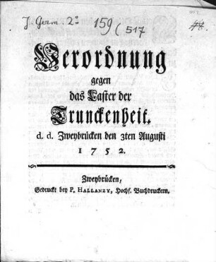 Verordnung gegen das Laster der Trunckenheit