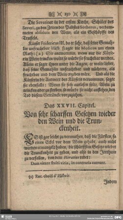 Das XXVII. Von sehr scharffen Gesetzen wieder den Wein und die Trunckenheit