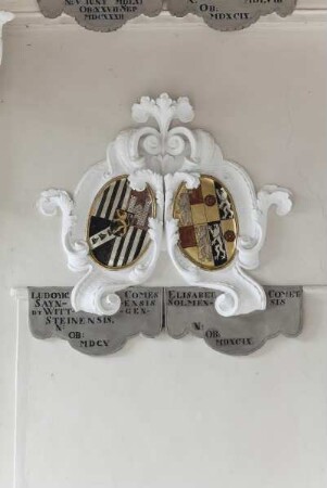 Wappenpaare in Kartuschen — Wappen des Grafen Ludwig I. von Sayn-Wittgenstein (1532-1605) und seiner Ehefrau Elisabeth von Solms-Laubach (1549-1599)