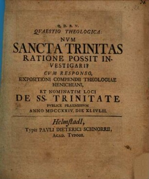 Quaestio theologica: Num Sancta Trinitas ratione possit investigari?