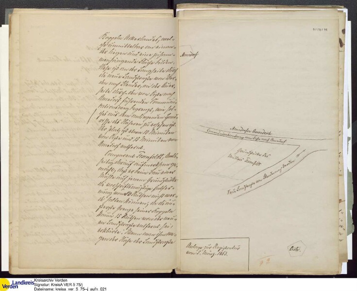 Von W. Fehsenfeld (Blender, Morsum) 1863 beantragte Wind- und Dampf-Kornmühle an der Straße zwischen Amedorf und Oiste; V.