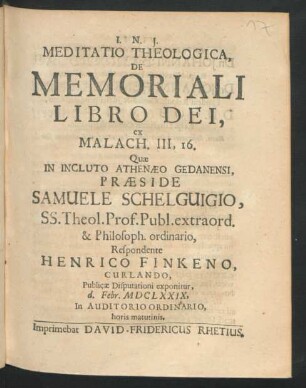 Meditatio Theologica, De Memoriali Libro Dei, ex Malach. III, 16.