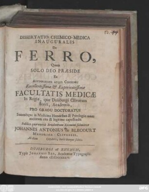 Dissertatio Chemico-Medico Inauguralis De Ferro