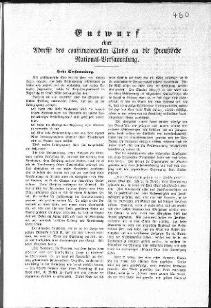 Entwurf einer Adresse des constitutionellen Clubs an die Preußische National-Versammlung. (Sammlung Friedlaender)