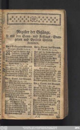 Register der Gesänge, so mit den Sonn- und Festtags-Evangelien und Episteln überein kommen.