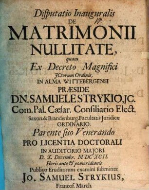 Disp. inaug. de matrimonii nullitate