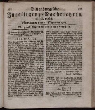 XLVII. Stück. Sonnabends: den 21. November 1778.