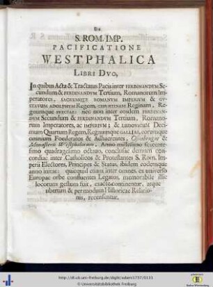 De S. Rom. Imp: Pacificatione Westphalica Libri Duo.