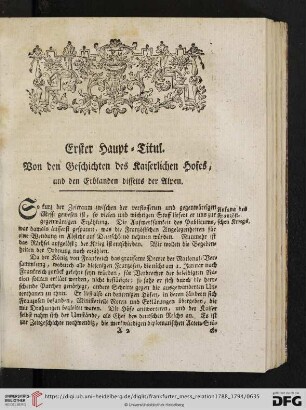 Erster Haupt-Titul: Von den Geschichten des Kaiserlichen Hofes, und den Erblanden disseits der Alpen