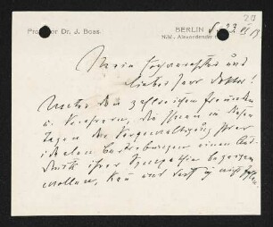 Brief von Ismar Boas an Gerhart Hauptmann