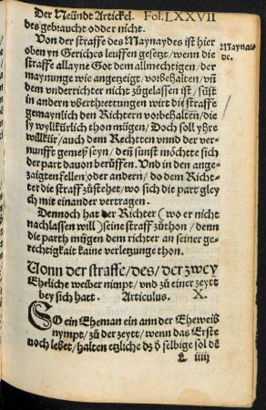 Von der straffe/ des/ der zwey Eheliche weiber nimpt/ und zu einer zeytt bey sich hatt. Articulus. X.